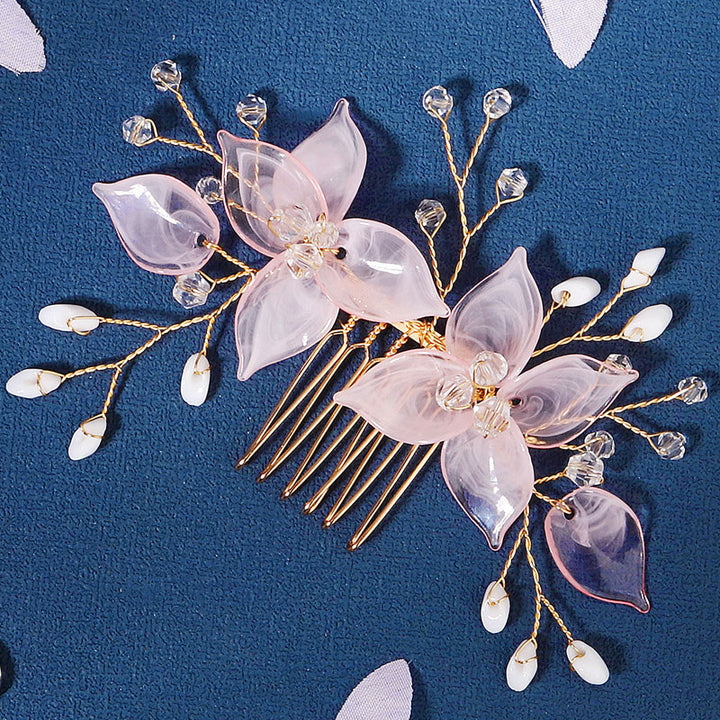 2 Pieces Pink Acrylic Flower Rhinestone Wedding Hair Combs