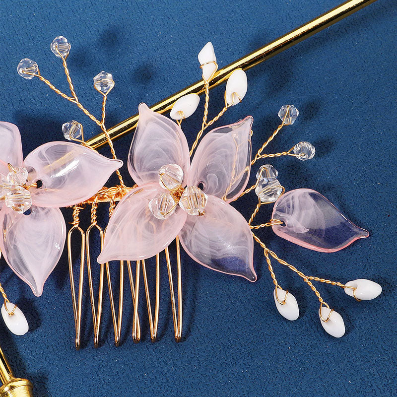2 Pieces Pink Acrylic Flower Rhinestone Wedding Hair Combs