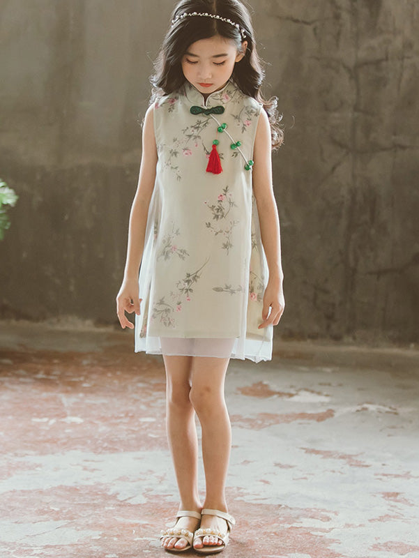 Green Floral Kids Girl Cheongsam / Qipao Dress