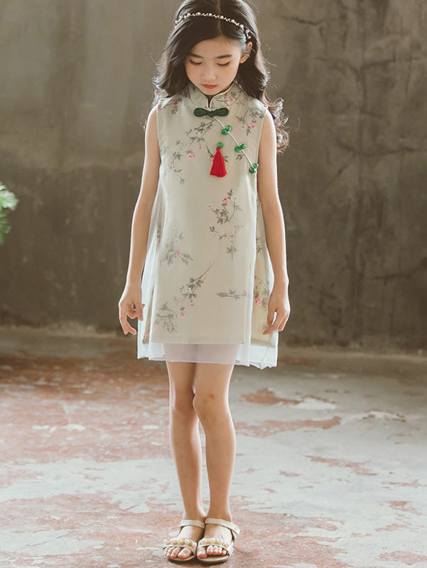 Green Floral Kids Girl Cheongsam / Qipao Dress