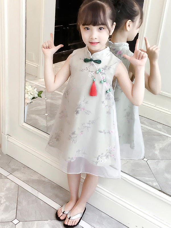 Green Floral Kids Girl Cheongsam / Qipao Dress