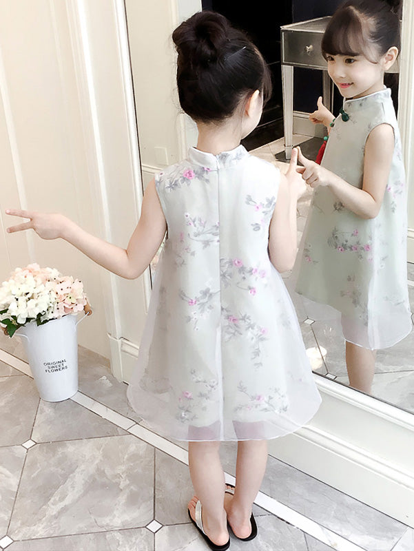Green Floral Kids Girl Cheongsam / Qipao Dress