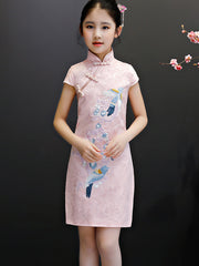 Pink Embroidered Kids Girl Cheongsam / Qipao Dress