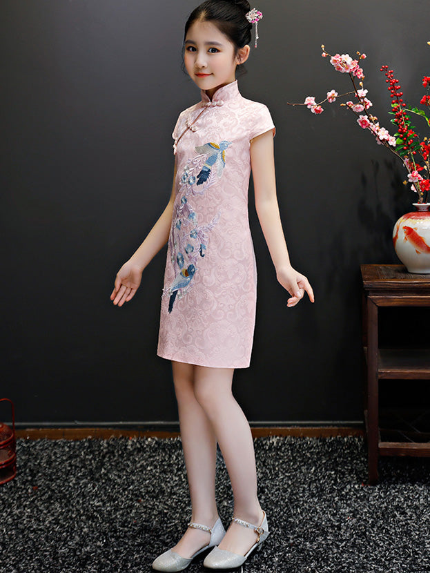 Pink Embroidered Kids Girl Cheongsam / Qipao Dress