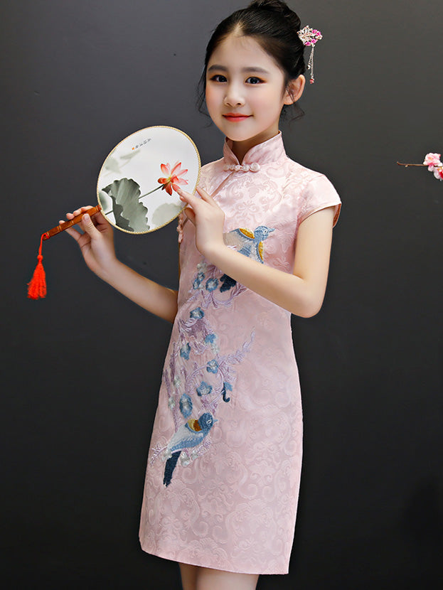 Pink Embroidered Kids Girl Cheongsam / Qipao Dress