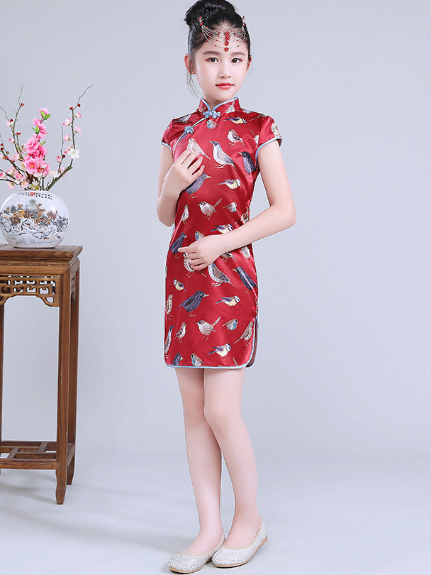 Red Kid Girl's Cheongsam / Qipao Dress in Bird Print