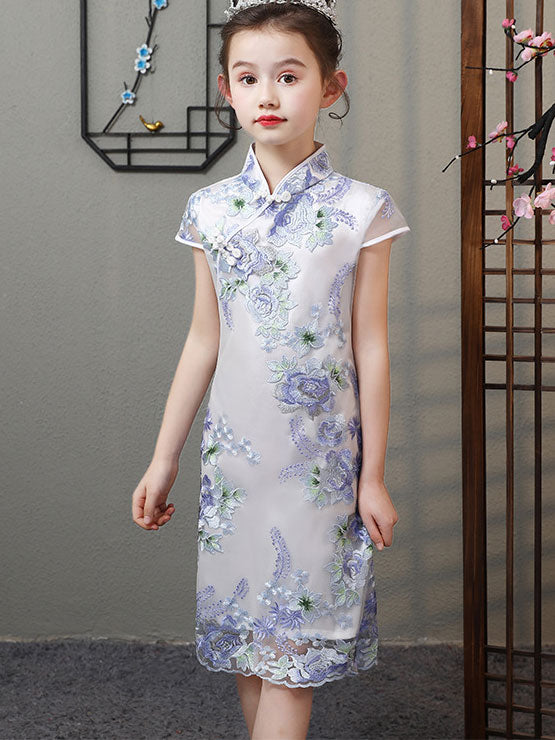 Purple Embroidered Kids Qipao / Cheongsam Dress