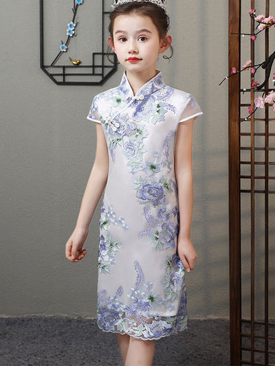 Purple Embroidered Kids Qipao / Cheongsam Dress