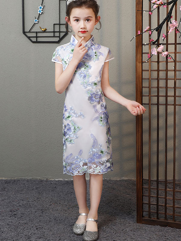 Purple Embroidered Kids Qipao / Cheongsam Dress