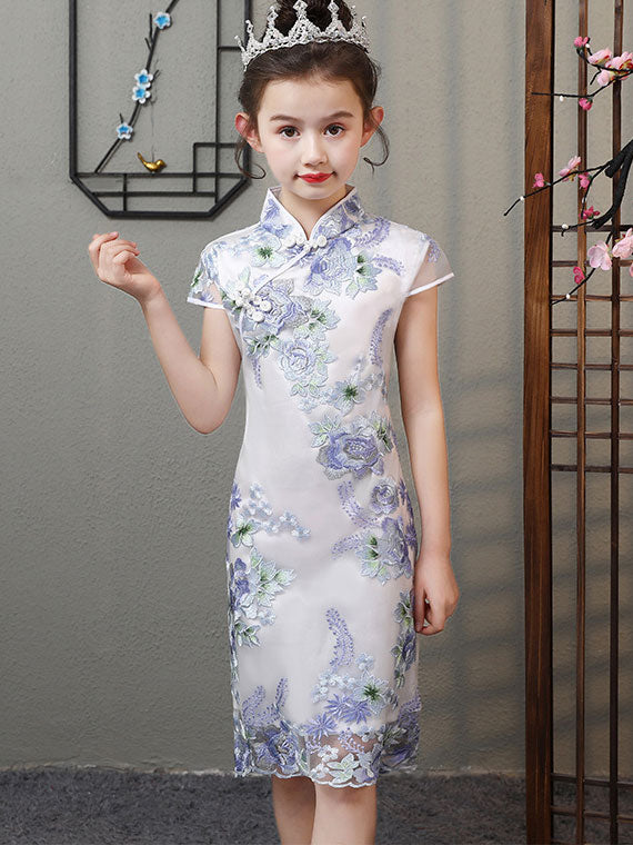Purple Embroidered Kids Qipao / Cheongsam Dress