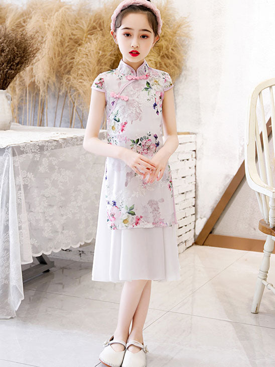 Floral Chiffon Kid Girls Qi Pao Cheongsam  Dress with Frill Hem