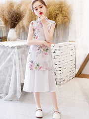 Floral Chiffon Kid Girls Qi Pao Cheongsam  Dress with Frill Hem