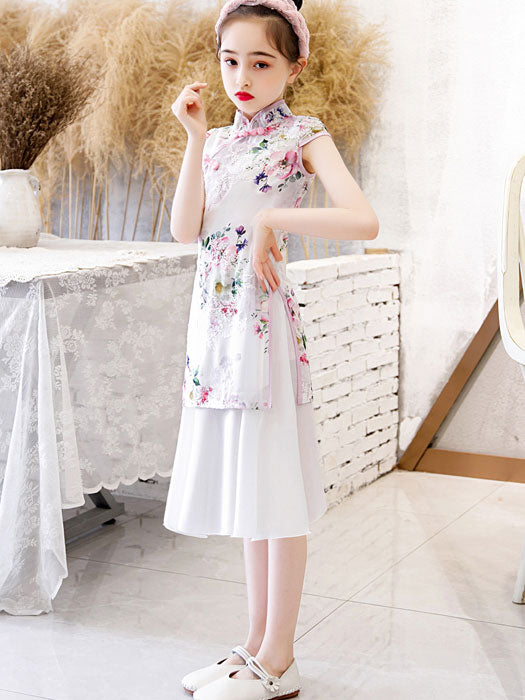 Floral Chiffon Kid Girls Qi Pao Cheongsam  Dress with Frill Hem