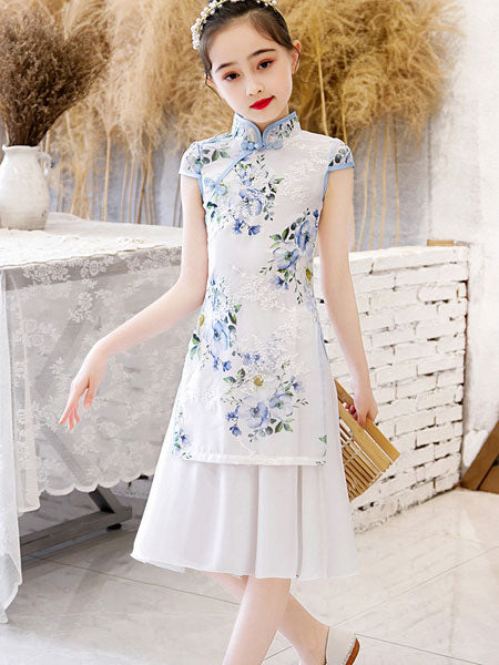 Floral Chiffon Kid Girls Qi Pao Cheongsam  Dress with Frill Hem