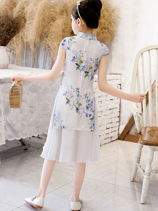 Floral Chiffon Kid Girls Qi Pao Cheongsam  Dress with Frill Hem