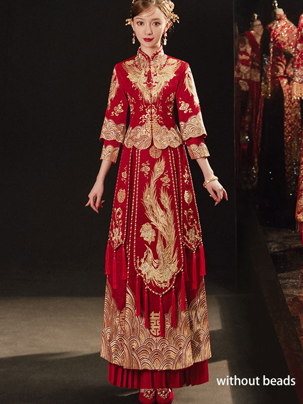 Vintage Embroidered Wedding Bridal Qun Gua with Pleated Skirt