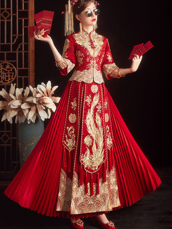 Vintage Embroidered Wedding Bridal Qun Gua with Pleated Skirt