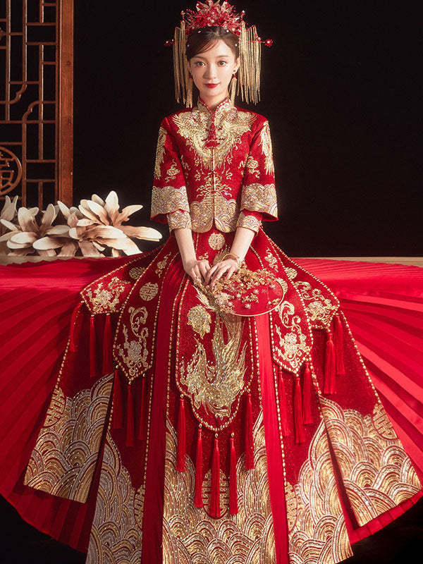 Vintage Embroidered Wedding Bridal Qun Gua with Pleated Skirt