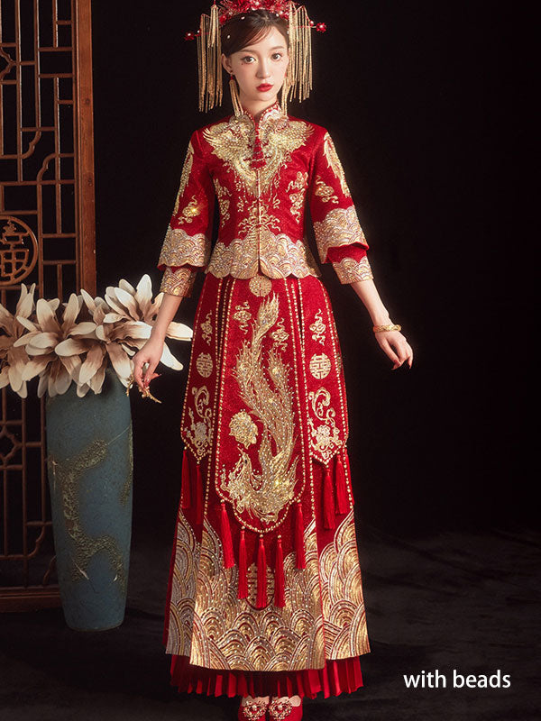 Vintage Embroidered Wedding Bridal Qun Gua with Pleated Skirt