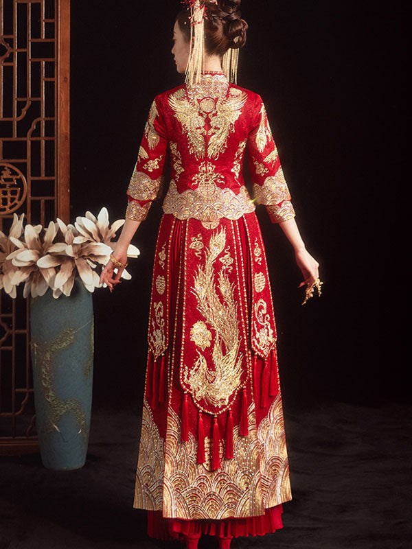 Vintage Embroidered Wedding Bridal Qun Gua with Pleated Skirt