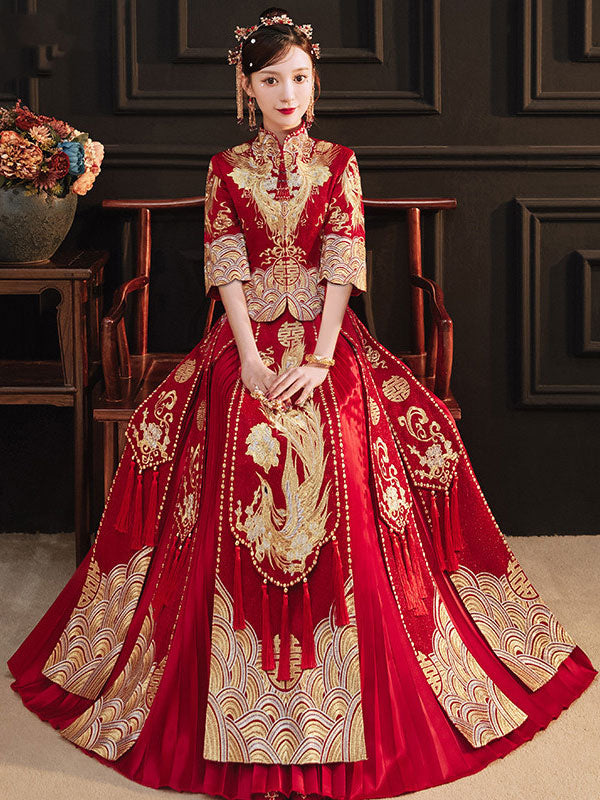 Vintage Embroidered Wedding Bridal Qun Gua with Pleated Skirt