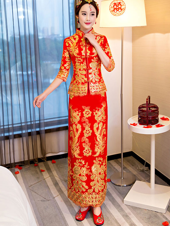 2-Piece Sequined Phoenix Bridal Qun Gua Chinese Wedding Suit