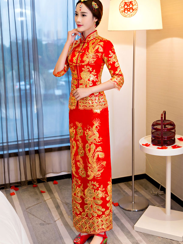 2-Piece Sequined Phoenix Bridal Qun Gua Chinese Wedding Suit