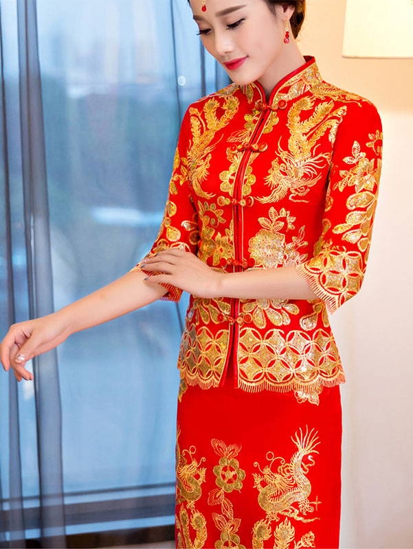 2-Piece Sequined Phoenix Bridal Qun Gua Chinese Wedding Suit