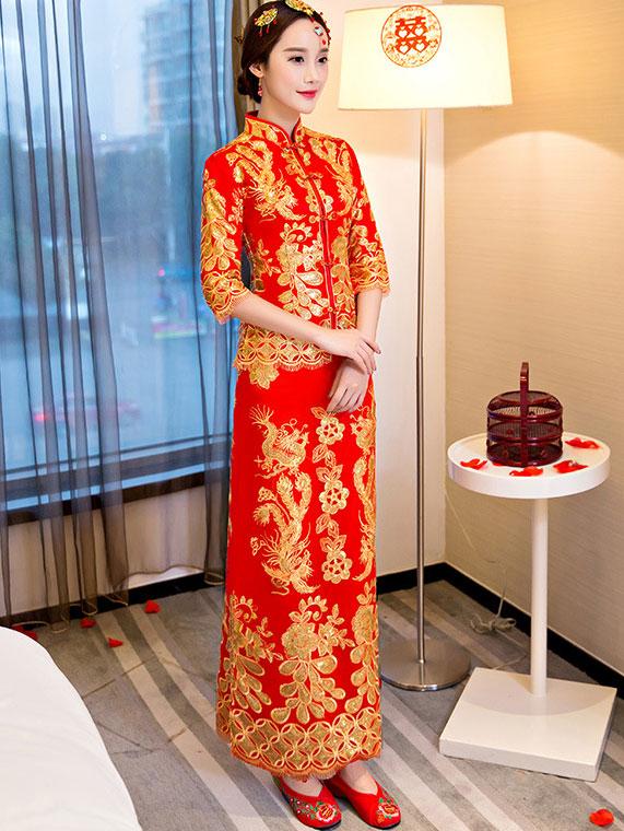 2-Piece Sequined Phoenix Bridal Qun Gua Chinese Wedding Suit