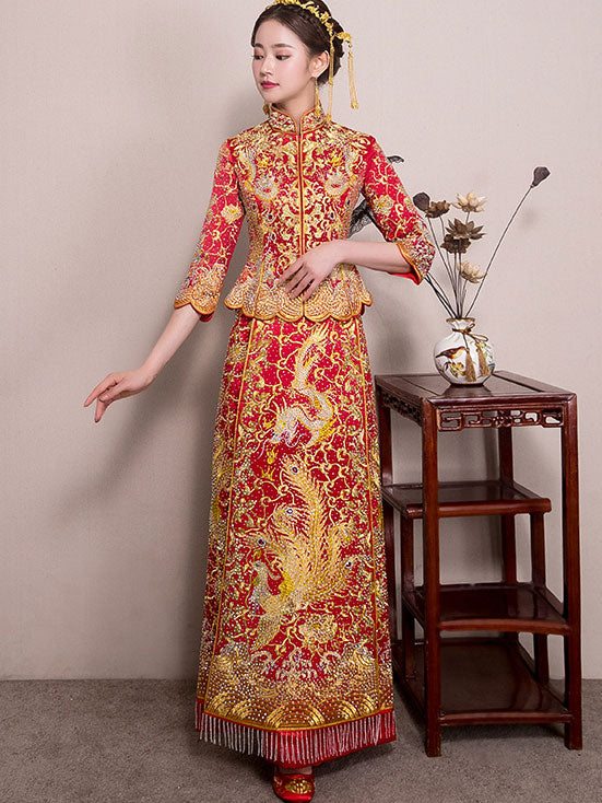 Gorgeous Beads Wedding Qun Kwa with Dragon & Phoenix Embroidery