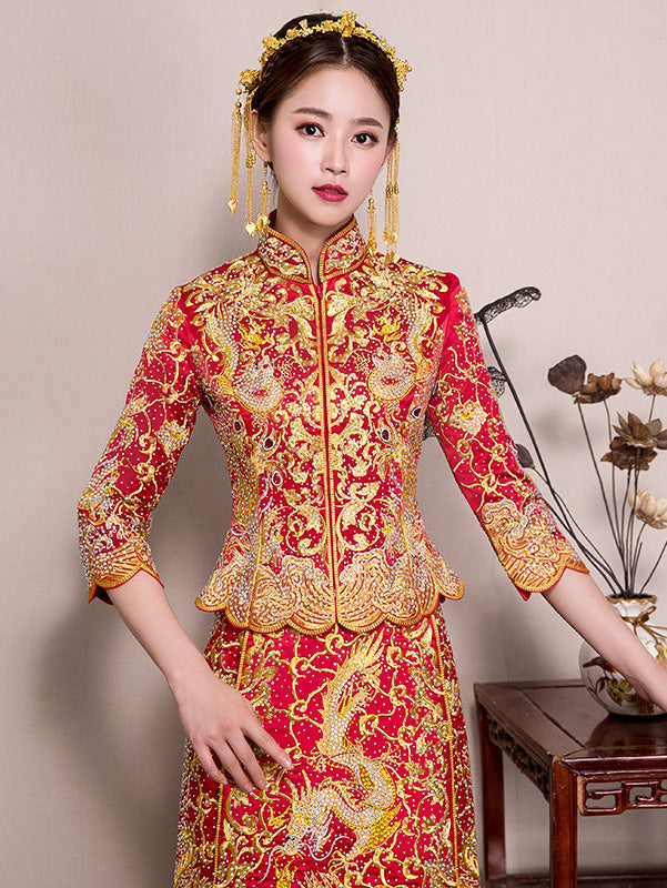 Gorgeous Beads Wedding Qun Kwa with Dragon & Phoenix Embroidery