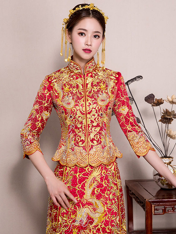Gorgeous Beads Wedding Qun Gua with Dragon & Phoenix Embroidery