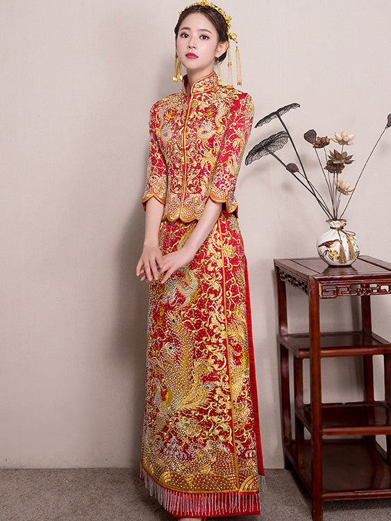 Gorgeous Beads Wedding Qun Kwa with Dragon & Phoenix Embroidery