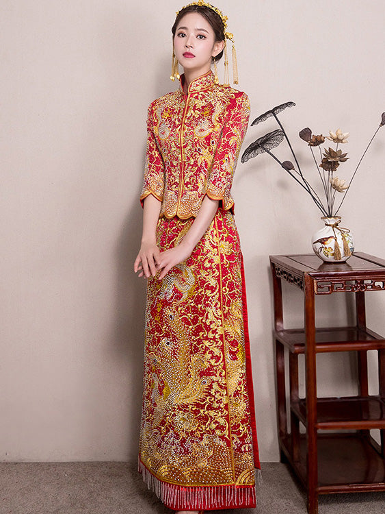 Gorgeous Beads Wedding Qun Gua with Dragon & Phoenix Embroidery