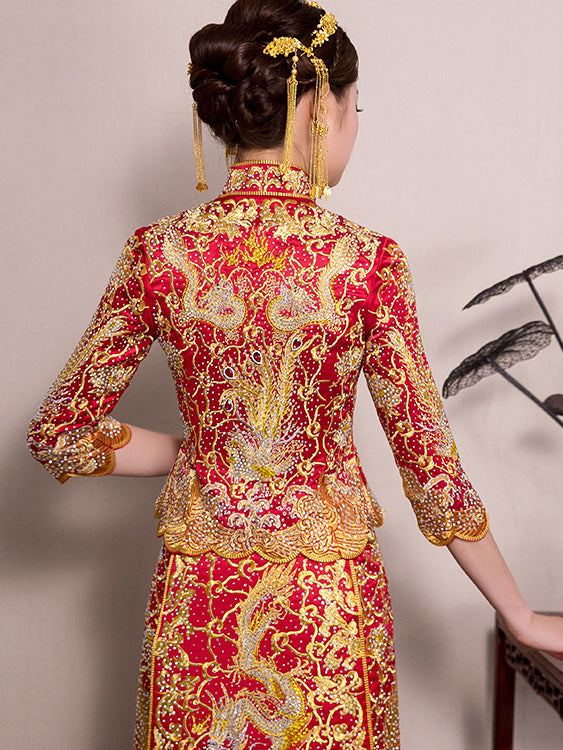 Gorgeous Beads Wedding Qun Kwa with Dragon & Phoenix Embroidery