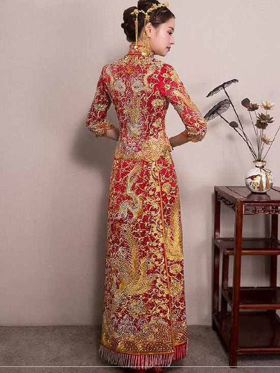 Gorgeous Beads Wedding Qun Kwa with Dragon & Phoenix Embroidery