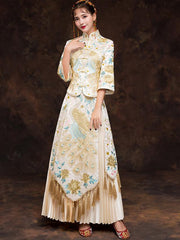 Champagne Embroidered Wedding Bridal Qun Gua with Pleated Skirt