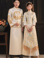 Champagne Embroidered Wedding Bridal Qun Gua with Pleated Skirt