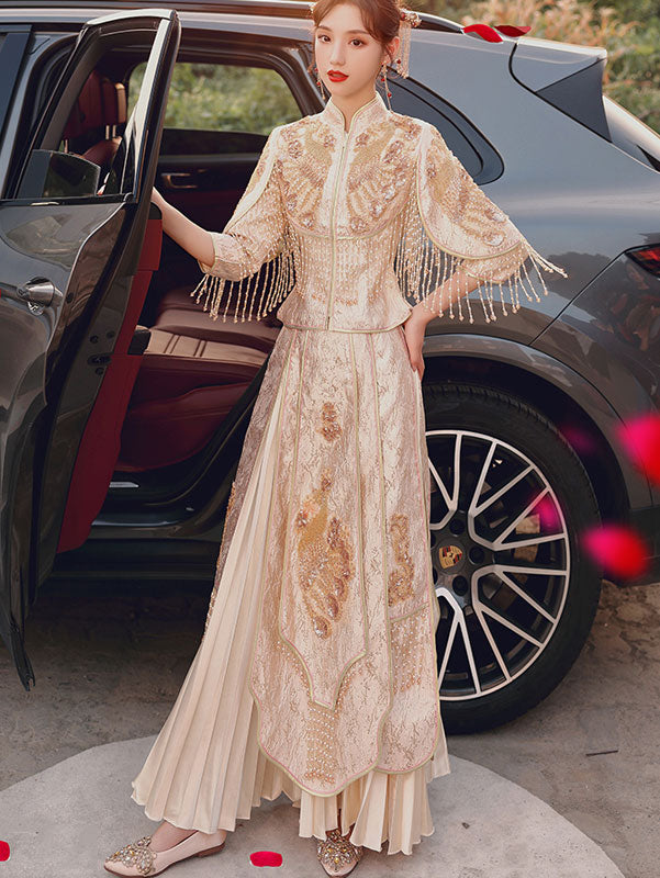 2021 Champagne Sequined Wedding Qun Gua & Pleated Skirt