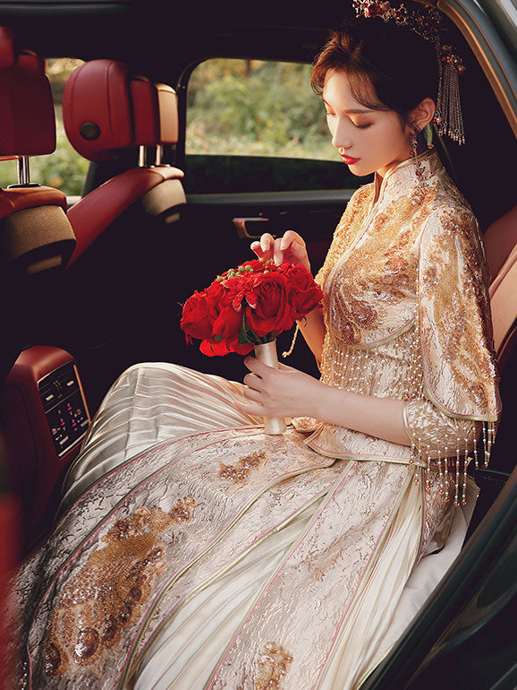 2021 Champagne Sequined Wedding Qun Gua & Pleated Skirt