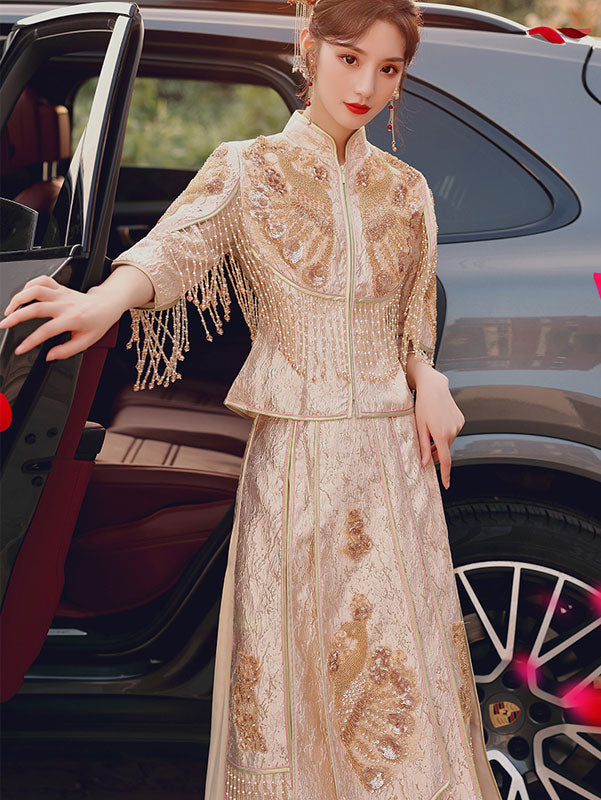2021 Champagne Sequined Wedding Qun Gua & Pleated Skirt