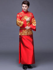 Red Embroidered Dragon Chinese Groom Wedding Qun Gua
