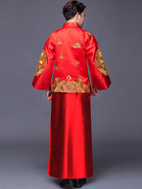 Red Embroidered Dragon Chinese Groom Wedding Qun Gua