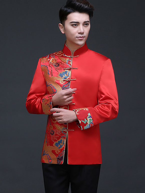 Red Traditional Chinese Men's Wedding Jacket with Woven Dragon