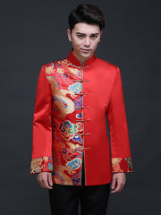 Red Traditional Chinese Men's Wedding Jacket with Woven Dragon