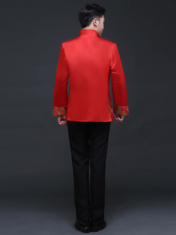 Red Traditional Chinese Men's Wedding Jacket with Woven Dragon