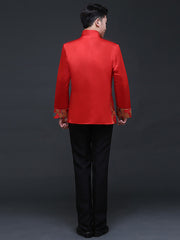 Red Traditional Chinese Men's Wedding Jacket with Woven Dragon