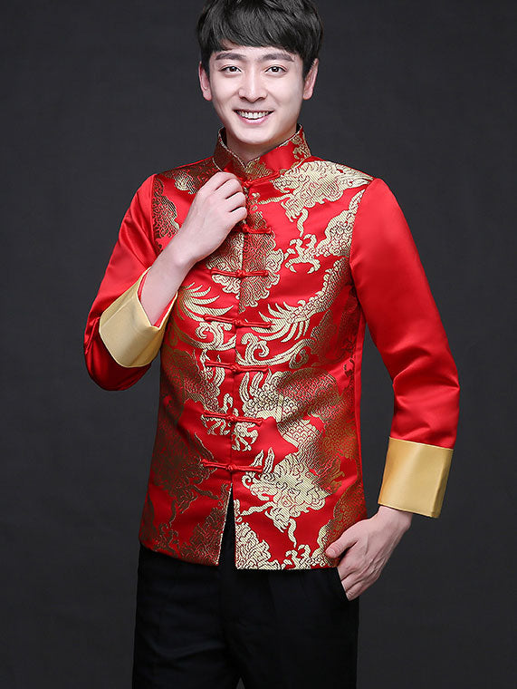 Traditional Chinese Men's Wedding Jacket with Golden Dragon