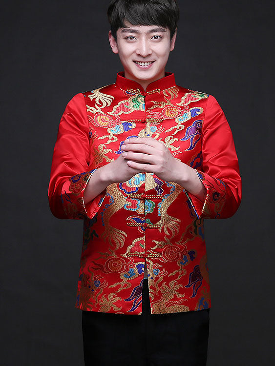 Traditional Chinese Men's Wedding Jacket with Multicolor Dragon