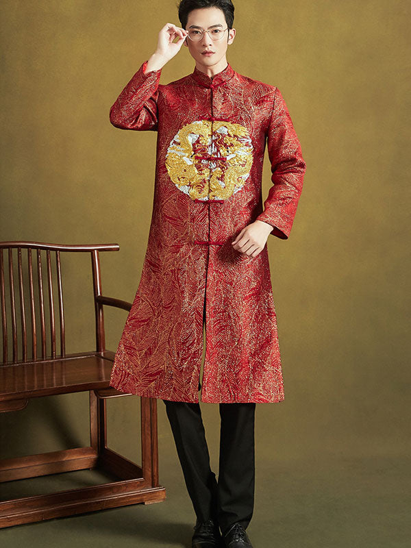 Red Embroidered Dragon Chinese Men's Wedding Jacket